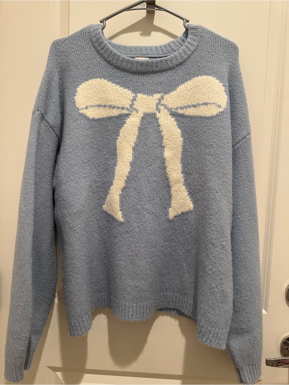 a new day Light Blue Knit Sweater with Cream Bow